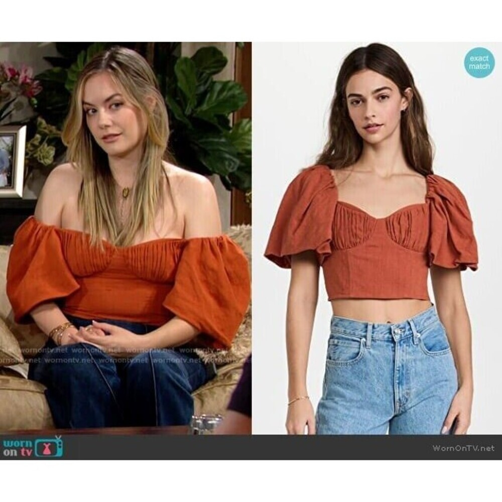 Jonathan Simkhai Puff Sleeves Top Womens 10 Orange Linen Quince Cropped NEW